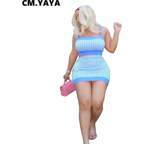 CM.YAYA Women Set Houndstooth Print Crop Tanks Tops Stretchy Mini Skirts Two 2 Piece Sets Sexy Fashion Outfit Summer 2021