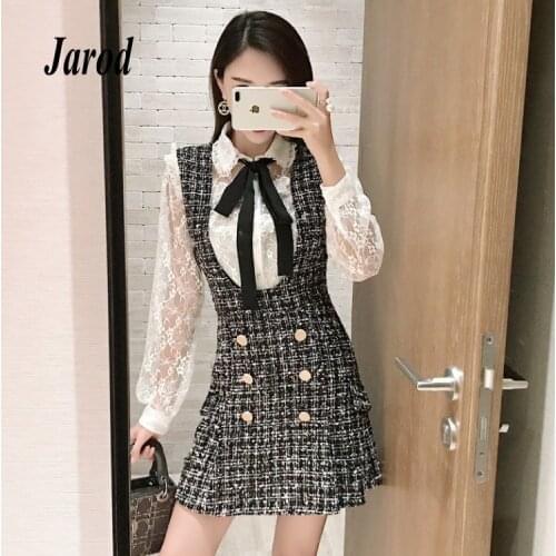 2018 Autumn Winter 2 Piece Set Dress Women Ruffles Bow Shirt Lace Top+Double Breasted Plaid Tweed Vest Dress