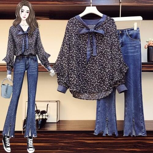 Large size 4xl womens chiffon sets 2021 spring new fashion loose printed chiffon blouse + casual jeans two-piece sets s282