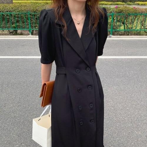 Women Dress 2021 Summer Korean Chic Temperament Lapel Double-breasted Waist Bubble Sleeves Suit-style Long Vestido