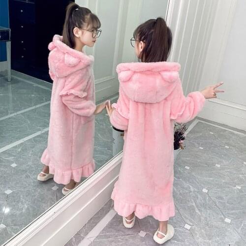 Winter Fleece Nightgown for Kid Girls Warm Thick Sleepwear Hooded Pajamas Children Girl Flannel Sleep Dress