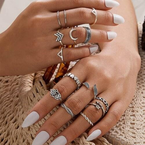 14 Pcs/Set Bohemian Vintage Feather Moon Arrow Heart Rings for Women Fashion Geometric Rings for Women Jewelry Accessories