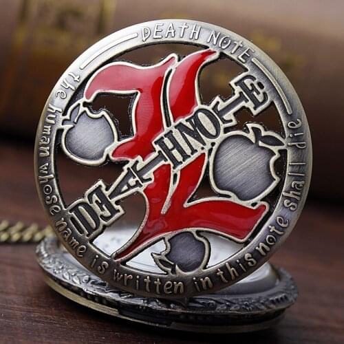Bronze Cool Death Note Hollow Quartz Pocket Watches 12 Hour Dial Necklace Pendant Chain Men Boy Kids Gift