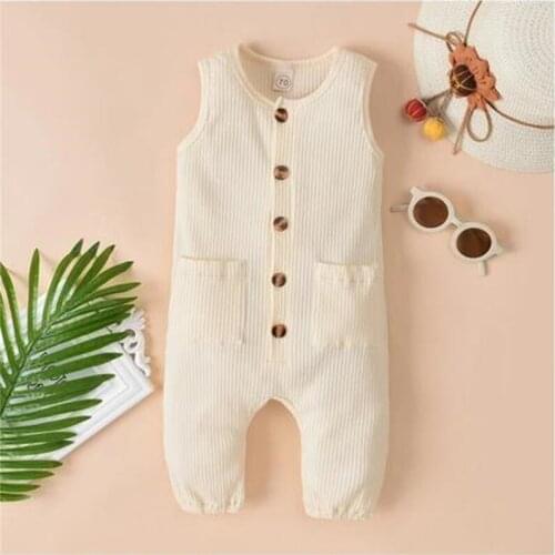 Sleeveless Rompers For Newborn Baby Boys Girls Summer Button Pocket Knitted Jumpsuits Overalls Children Casual Clothes