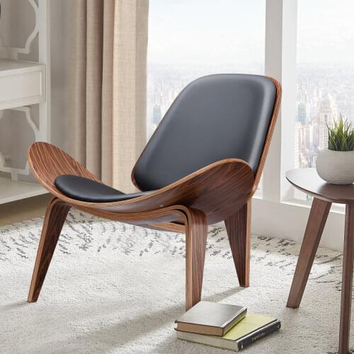 Furgle Mid Century Lounge Chair Replica Shell Chair Modern Tripod Plywood Lounge Chair 3 Wood Colors with Black Leather Chairs