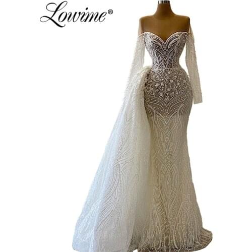 Lace Two Pieces Mermaid Wedding Dresses 2020 Pearls Muslim Wedding Gowns Bridal Dress Long Sleeves Dubai Turkish Mariage