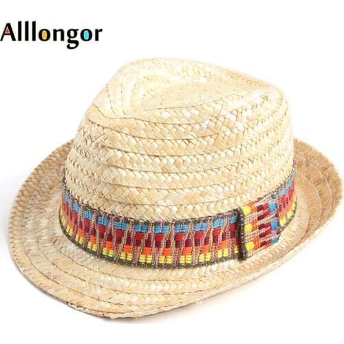 Summer Wheat Straw Hats Women 2021 Short Sleeve Panama Boater Fedora Visor Sun Cap Beach Sunhat