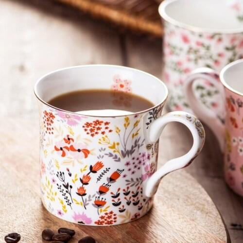 MIDOSHARK British retro gold tracing bone china coffee cup Pink Flowers cute coffee mugs and cups
