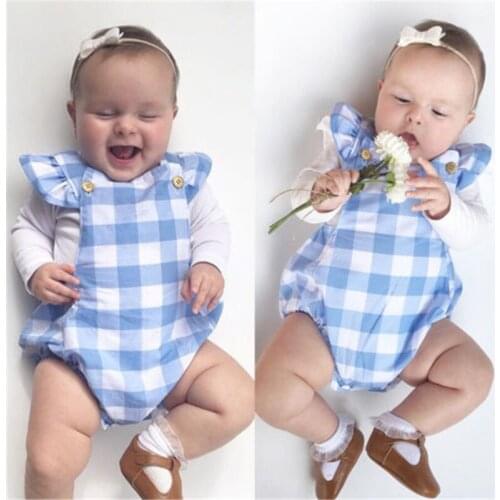 Cute Cotton Newborn Baby Girl Fly Sleeve Blue Color Plaid Romper Backless Jumpsuit Playsuit Sunsuit Outfits