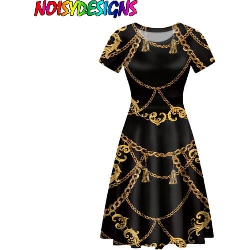 NOISYDESIGNS Euporean Pattern Dresses For Women Casual Plus Size Clothing Gold Chain Printed Black Women Long Dreeses Wholesales