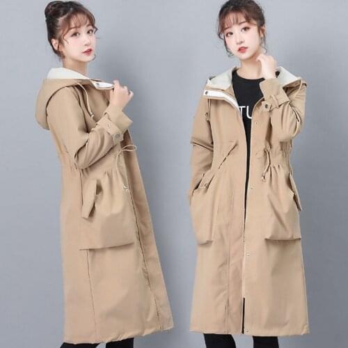 New Womens Hooded Trench Coat 2020 Spring Autumn Plus Size Drawstring Ladies Long Over Knee Windbreaker Female Overwear W112