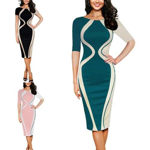 Bodycon Elegant Stylish Dress Contrast Color Patchwork Women Half Sleeve Round Neck Stretchy Midi Dress for Party