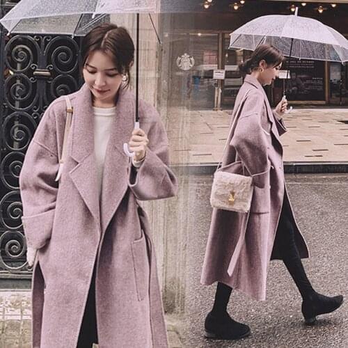 Woolen Coat Women Long Spring Autumn Winter Office Lady Fashion Full Solid Turn-down Collar Single Breasted Women Long Coat