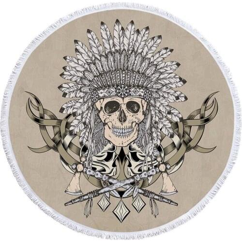 Indian Skull Round Beach Towel Gothic Skull Towel Large for Adult Tassel Picnic Mat Microfiber 150cm Round Bath Towel
