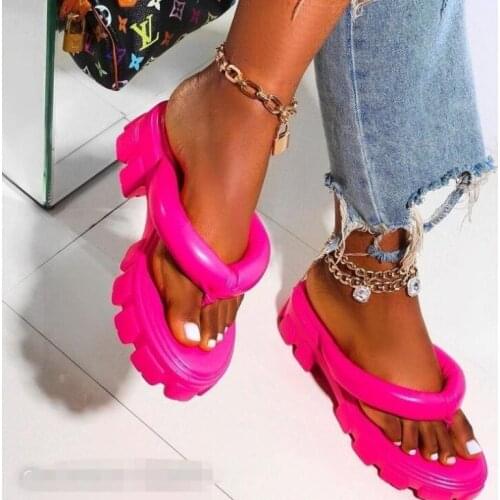 Women new sponge platform mid-heel round toe flip flops female large size beach slippers outdoor all-match casual slippers