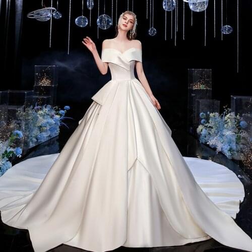 Wedding Dress 2020 Gryffon Luxury Satin Boat Neck Wedding Gown With Train Lace Up Ball Gown Vestido De Noiva Customize