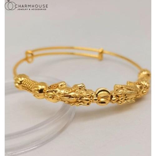 Yellow Gold GP Bangles & Bracelets For Women Lucky Beads Charm Bangle Adjustable Wristband Pulseira Wedding Jewelry Accesorie