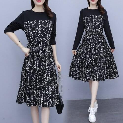 EHQAXIN Plus Size Womens Dresses Autumn 2021 New Loose Elegant Floral Lace-Up Stitching Long-Sleeved A-Line Pullover Dress L-5XL