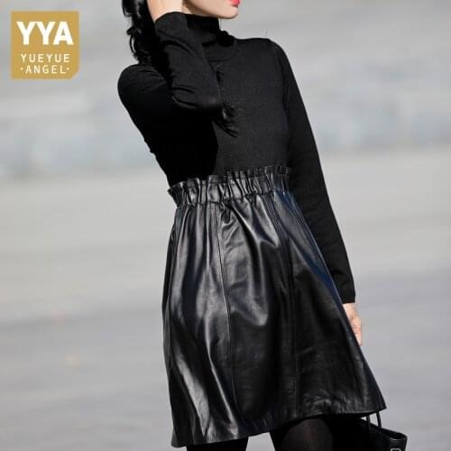 Women Stretchy Knitted Patchwork Sheepskin Genuine Leather Dress Casual Short Turtleneck Long Sleeve Elastic Waist Ladies Dress