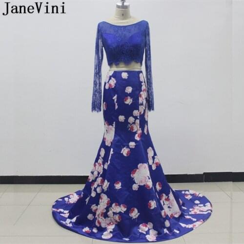 JaneVini Royal Blue Mermaid Floral Bridesmaid Dresses Long Sleeve Lace Flower Print 2 Piece Prom Dress Wedding Party Gowns 2018