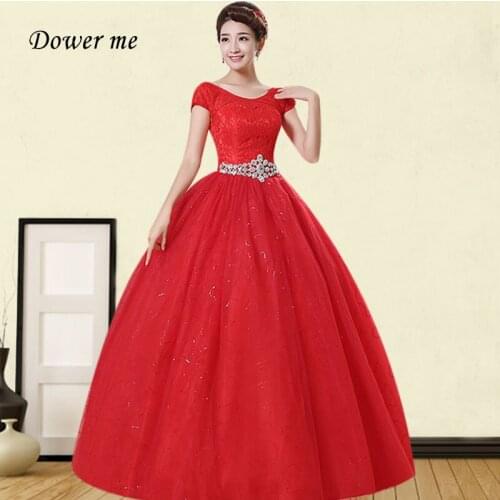 Red Lace Wedding Dresses GR726 Shiny Crystal Vestidos De Novia Sequin Floor-Length Bridal Gown O-Neck Short Sleeve Wedding Dress