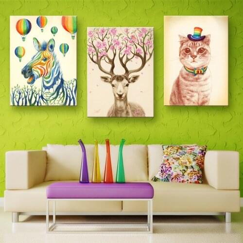 3 Pieces/Set Animal Wall Art Canvas Painting On Wall Horse Deer Cat Wall Pictures Decorate Children Kids Room Posters