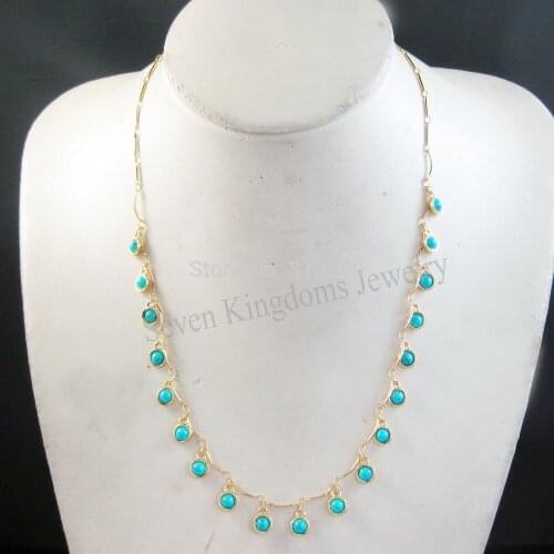 GREAT YELLOW GOLD COLOR GP OVERLAY MANY BLUE STONE CHARMS LINKED NECKLACE /GREAT GIFT