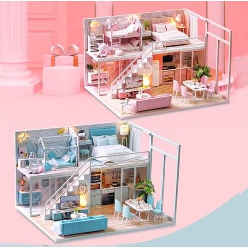 Diy Wooden Doll House Kit Miniature Dollhouse Pink/Blue Simple Apartment Mini Toy House Model with Music Toys for Children Gift