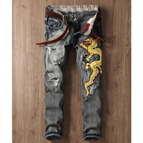 Spring and Autumn European design Jeans Men Dragon Embroidery Slim Straight Pants Hole Gray