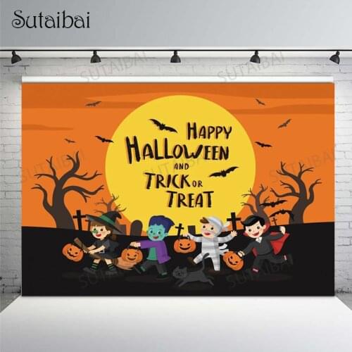 Happy Halloween Backdrop Trick or Treat Baby Cartoon Moon Bat Pumpkin Party Decor Props Photo Background Photography Banner