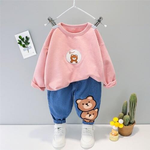 Spring Baby Boys Girls Clothing Sets Children Stripe Cartoon Bear T Shirt Jeans Toddler Infant Casual Clothes Kids Sportswear