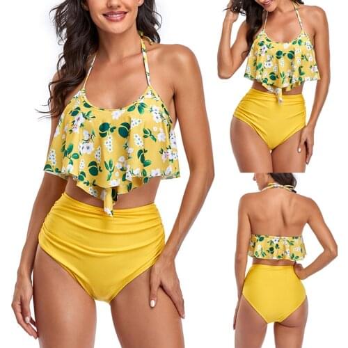Swimsuit Bathing hot spring beach swimsuit womens flounce high waist print neck split swimsuit two piece Beach Womens suit