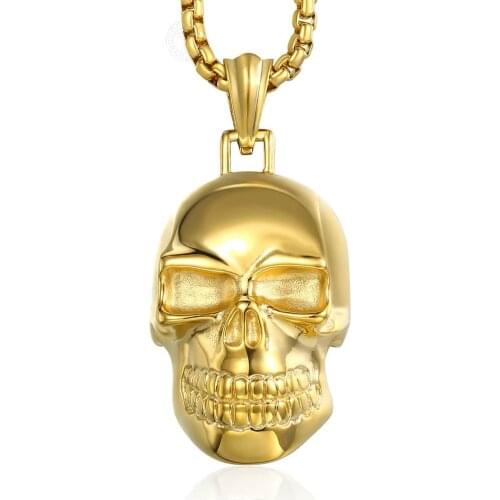 Gothic Big Skull Pendant Necklace for Men Black Gold Color 316L Stainless Steel Curb Cuban Link Chain Male Jewlery 24inch DHP554