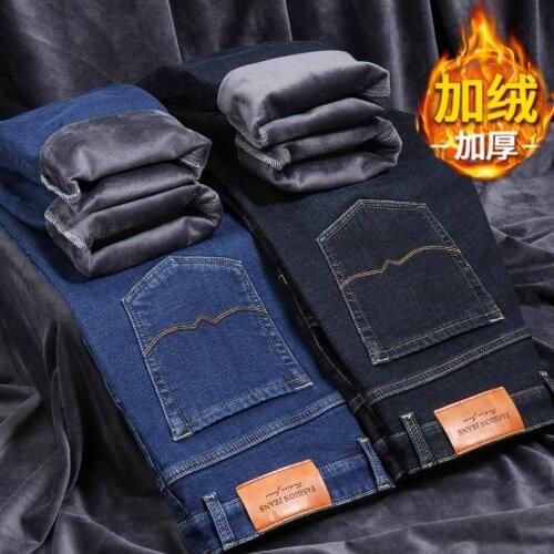 Mens Winter Stretch Thicken Jeans Warm Fleece Lined Straight Jeans Fashion Velvet Clothing Male Denim Pants Classic Men Trousers
