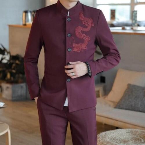 Men 2 piece Suit (Jacket+Pant) Chinese Style Stand Collar Tunic Suit Male Wedding Groom Slim Fit Plus Size 5XL Blazer Set Tuxedo