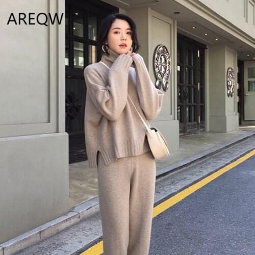 Autumn Spring Knitted Tracksuit Turtleneck Sweatshirts Women Suit Clothing 2 Piece Set Knit Pant Female Pants Suit D226