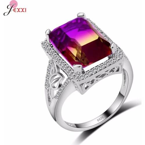 New Rectangle Rainbow Austrian Crystal Wedding 925 Sterling Silver Rings For Women Accessory Party Finger Ring Jewelry