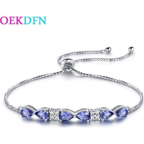 OEKDFN 100% 925 Sterling Bracelet Silver Purple Tanzanite Sparkling Zircon Gemstone Charm Chain Wedding Engagement Fine Jewelry