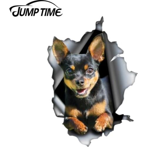 Jump Time 13cm x 8.9cm Black tan Chihuahua Sticker Torn Metal Bumper Decal Funny Car Stickers Window Trunk Animal 3D Car Styling