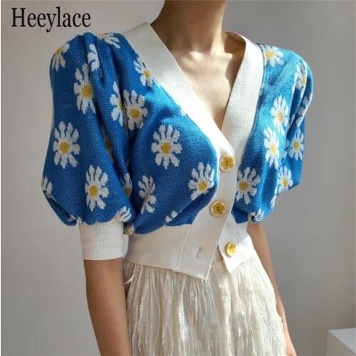 Floral V-neck Thin Knitted Sweater Women Summer Cardigan Vintage Puff Short Sleeve Cropped Tops Fashion Female Chic Knit Shirts