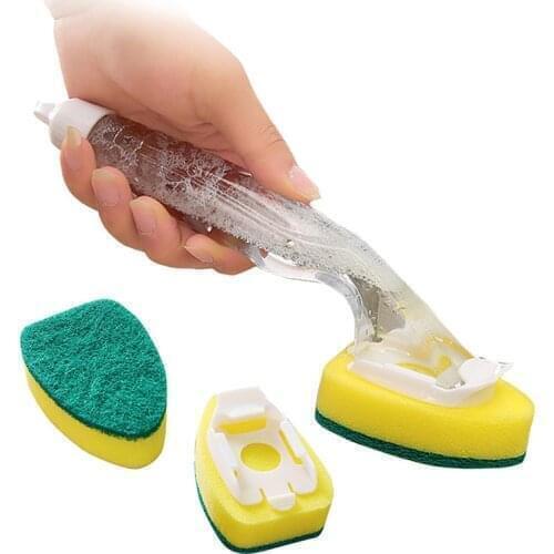 Cleaning Brush With Refill Liquid Dispenser Handle Scrubber Washing Dish Bowl Scouring Pad Sponge Replaceable Kitchen Home Tool