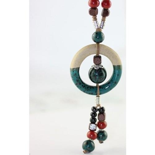 Vintage Chinese Ethnic Style Women Ceramic Beads Circle Tassel Necklace Pendant Long Sweater Chain Girls Jewelry