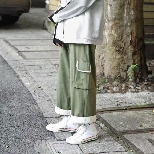 Japanese Mens Cargo Pocket Wide Leg Pants Tooling Super Casual Pants Loose Straight Fashion Trend Long White Trousers