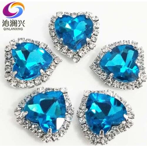 Factory sales Lake blue heart shape top grade Crystal glass buckle,silver bottom sew on rhinestones Diy/jewelry accessories