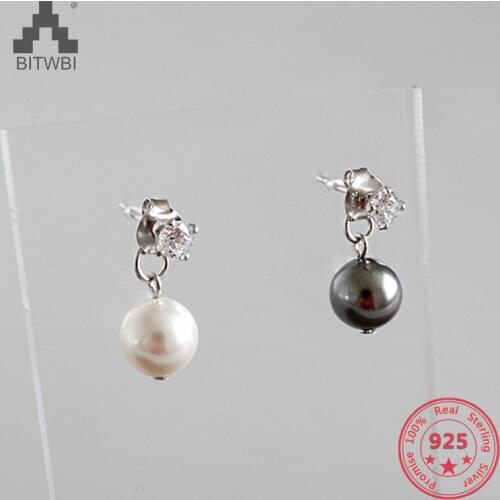 100% Pure 925 Sterling Silver Women Earrings Black/White Pearl With Zircon Fashion Female Earring