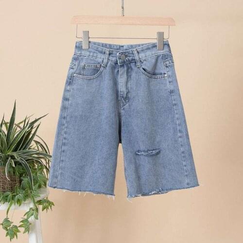 Summer Korean Style Women Bermuda Shorts Street Wear High Waist Wide Leg Denim Shorts Women with Hole 2021 New Jean Shorts Women
