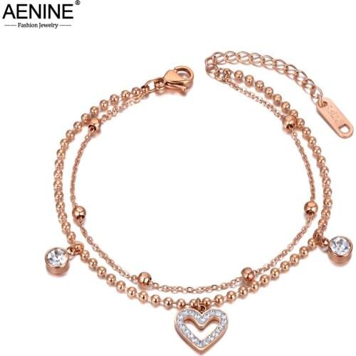 AENINE Stainless Steel CZ Crystal Chain & Link Bracelets For Women Double Layer Bohemia Heart Charm Bracelet pulseras AB20158