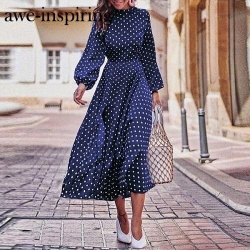Awe-inspiring Boho Lantern Sleeve Polka Dot Printed Long Dress Women Elegant Vintage Stand Collar Long Sleeves Dress Plus Size