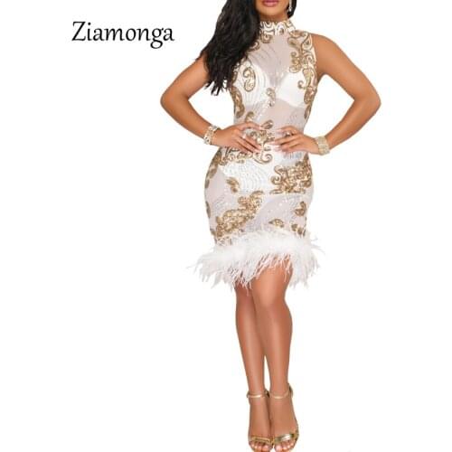 Ziamonga 2018 New Women Dress Fashion Feather Sequin Party Dresses Women Sexy Nightclub Wear White Black Dresses Lady Vestidos