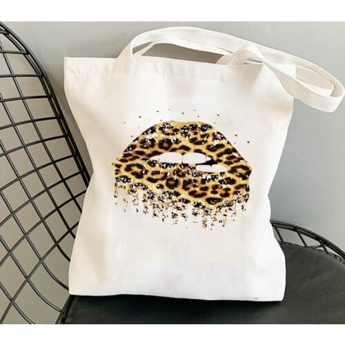 2021 Summer Fashion Leopard Lips Print Women Ladies Shopper Bag White Canvas Shoulder Bag Student Bags